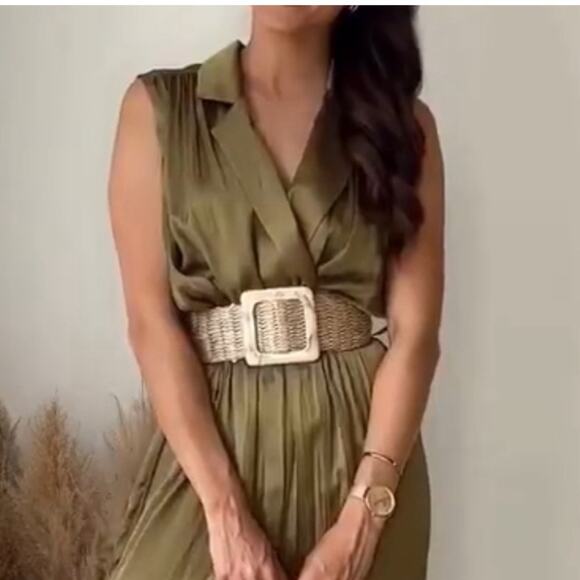 ZARA WRINKLE EFFECT with BELT lightweight olive green Small sleeveless - Picture 8 of 8
